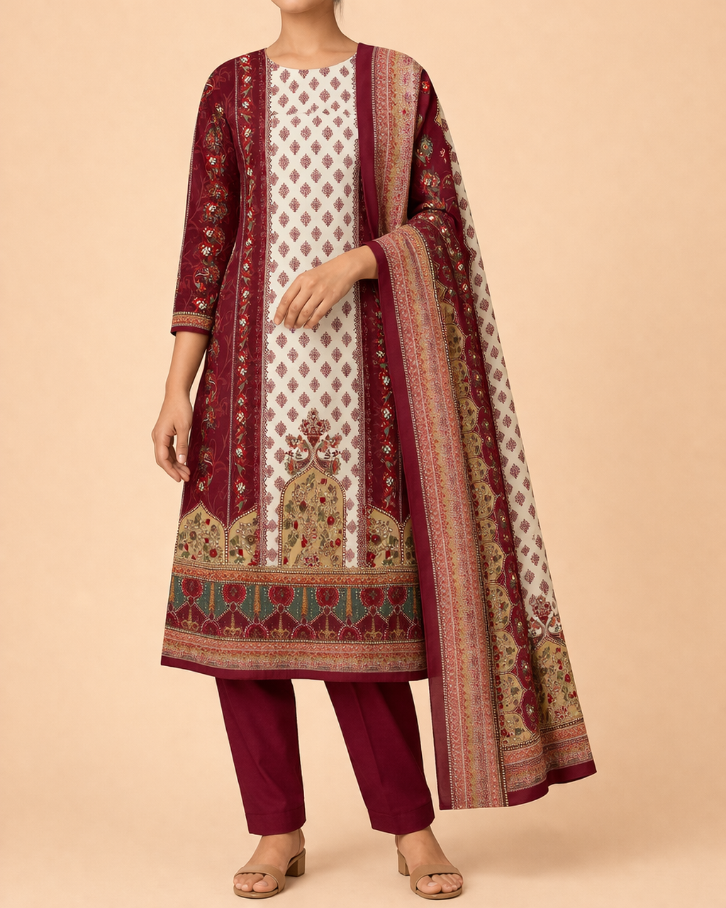Ruhani Roman Silk Kaarigari Unstitched Suit Set