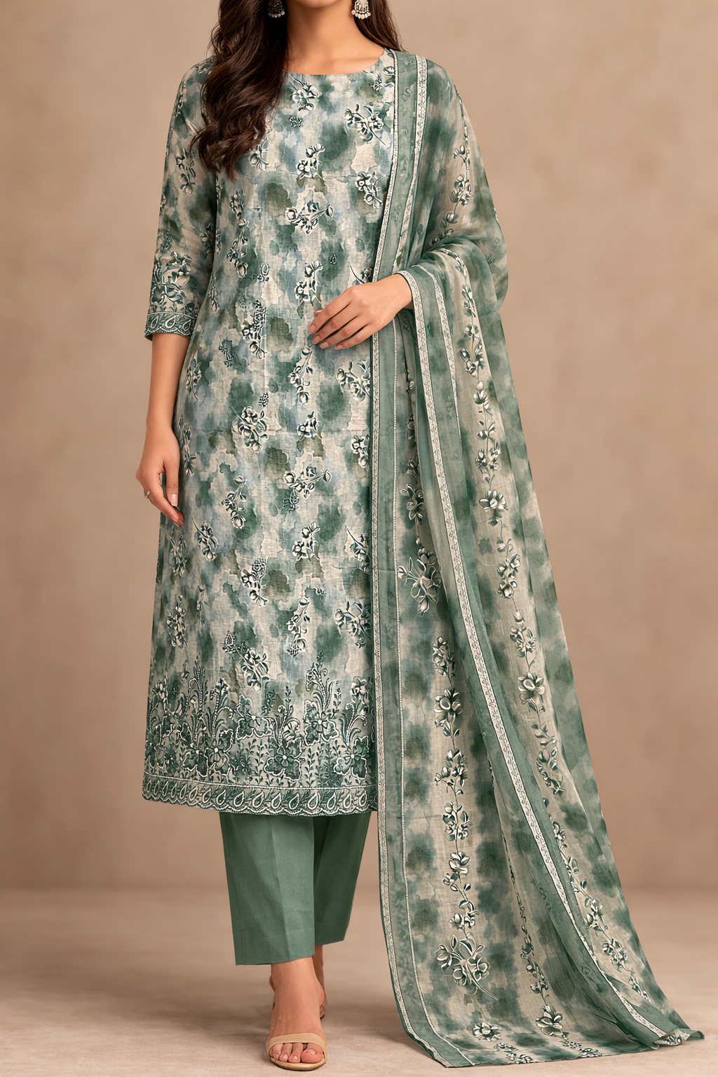 Cambric Beadwork Charm Unstitched Suit Set