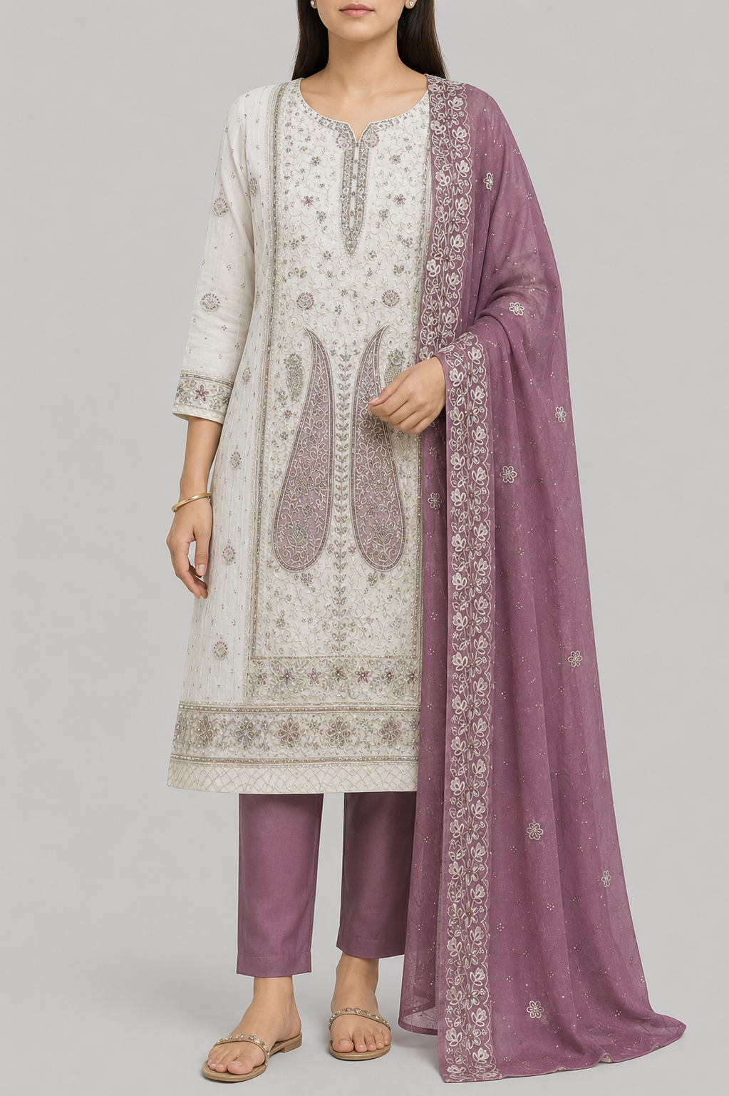 Embroidered Chiffon Dress Material with Stone Work