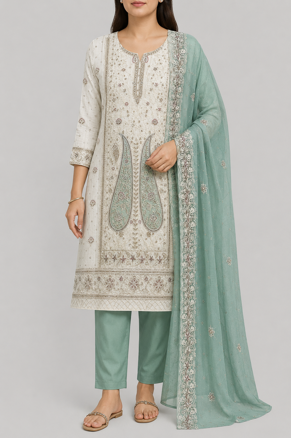 Embroidered Chiffon Dress Material with Stone Work