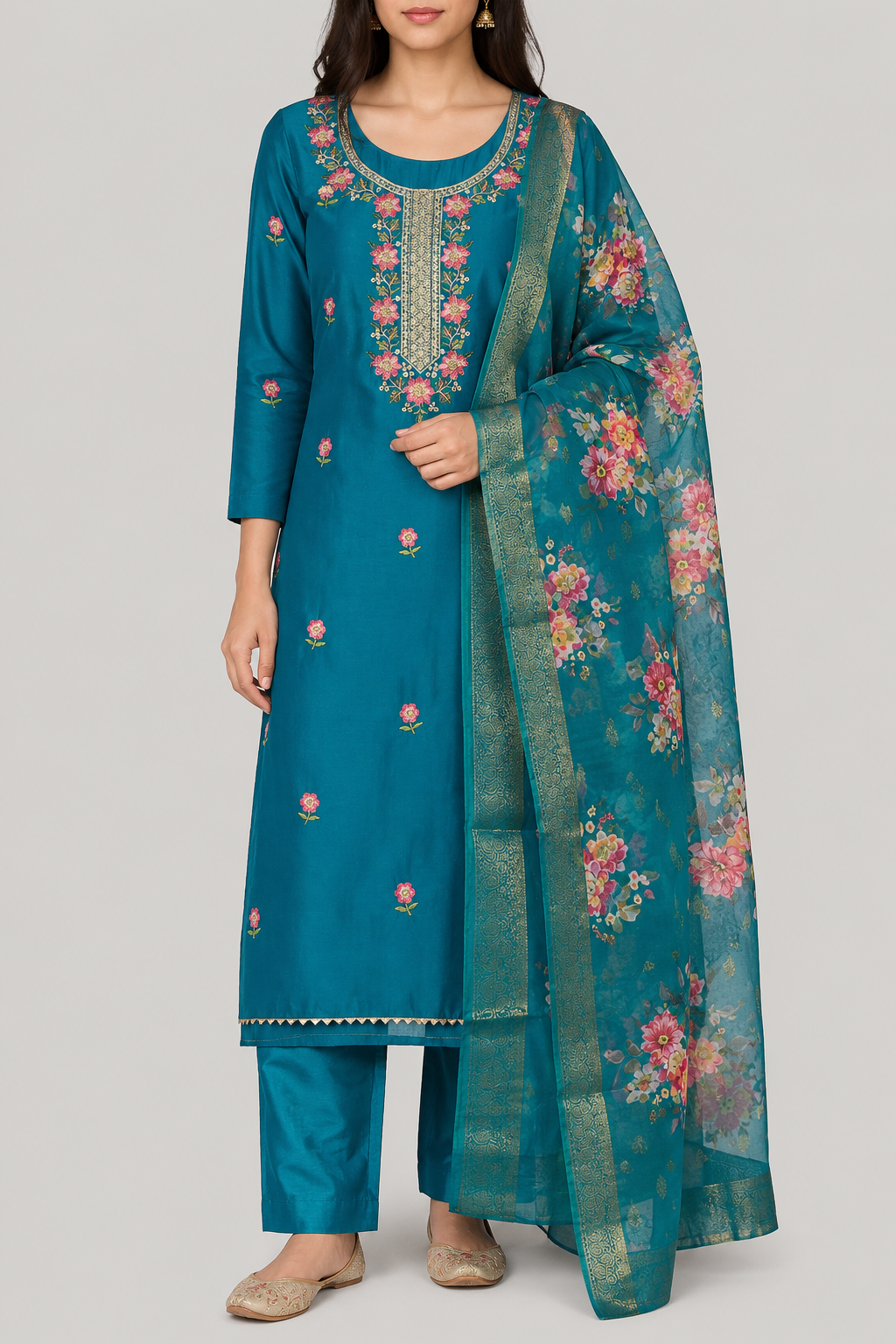 Roman Silk with Multi colour embroidery